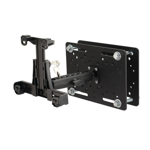 The LockVise™ Locking Forklift Overhead Guard Tablet Mount with 6 metal shaft features adjustable support arms, a locking mechanism, and multiple mounting points—ideal as a secure tablet holder. Shown against a plain white background.