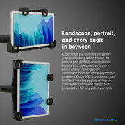 Two LockVise™ Locking Forklift Overhead Guard Tablet Mounts with 6 Metal Shafts securely hold tablets in adjustable, locking holders, shown in landscape and portrait. Text highlights their versatility and 360° positioning for optimal viewing on a grey gradient background.