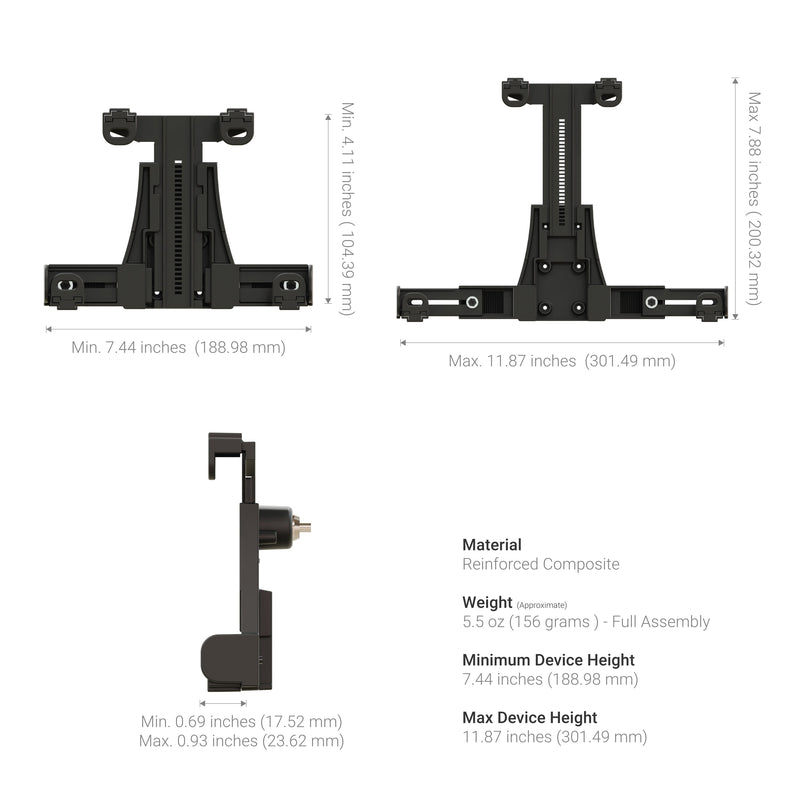 Technical diagram of the LockVise™ Locking Forklift Overhead Guard Tablet Mount with 6 metal shaft in black, shown from front and side with measurements in inches/mm. Specifications for this adjustable locking holder are below the images.
