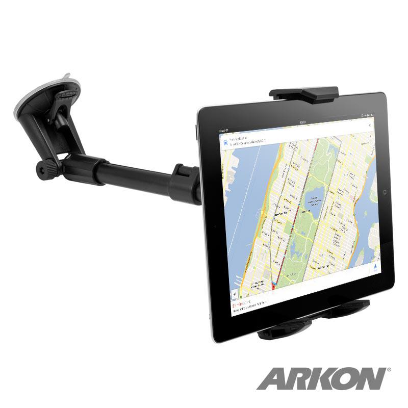 An iPad is displayed on the ARKON Long Arm Windshield Suction Tablet Mount, attached to a flat surface and showing a city map. The ARKON brand logo is visible in the lower right corner.
