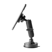 The Magnetic Holder with Suction Mount is a black dashboard phone mount that holds your smartphone upright using a suction base and adjustable arm, offering secure, hands-free convenience while driving.