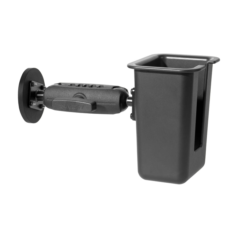 The Magnetic Mount with Barcode Scanner Holster Holder is a black, wall-mountable cup holder with an adjustable arm and open side, perfect for securely holding beverages or barcode scanners on forklifts or in warehouses.