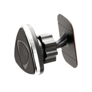 The Magnetic Phone Adhesive Mount Holder for iPhone, Galaxy, and Note features a black triangular head with silver trim, an adjustable swivel joint, and a strong VHB adhesive base for secure dashboard attachment in any vehicle.