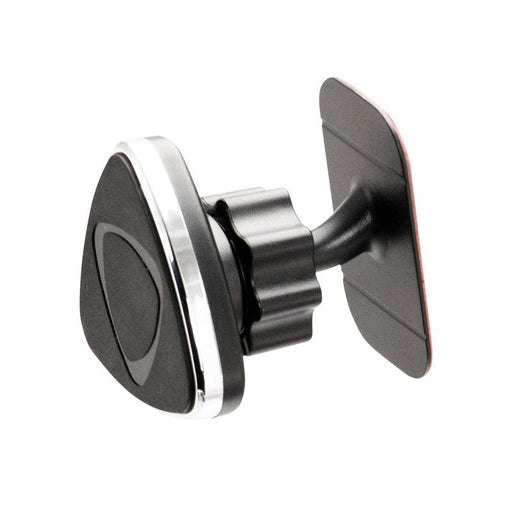 The Magnetic Phone Adhesive Mount Holder for iPhone, Galaxy, and Note features a black triangular head with silver trim, an adjustable swivel joint, and a strong VHB adhesive base for secure dashboard attachment in any vehicle.