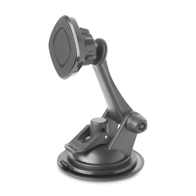 The Magnetic Phone Holder Mount for iPhone, Galaxy, and Note is a black holder with an adjustable arm and suction cup base, designed to attach securely to your car dashboard or windshield for hands-free use.