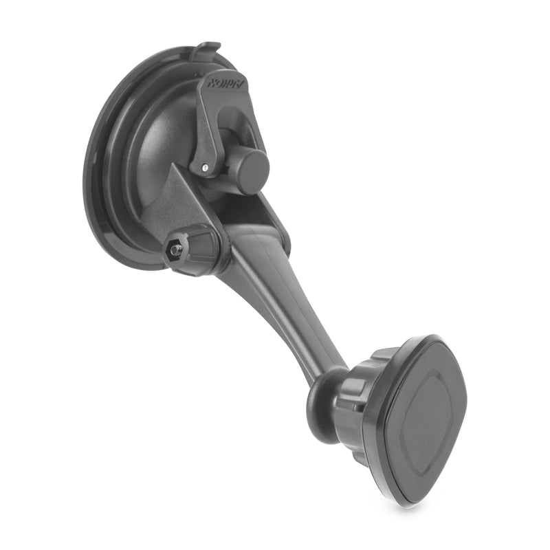 The Magnetic Phone Holder Mount for iPhone, Galaxy, and Note is a black holder with a suction cup, adjustable arm, and square magnetic base that securely attaches to your windshield or dashboard.