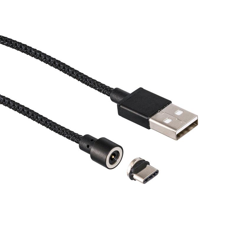 The Magnetic USB to USB Type-C Charge Cable, featuring a black braided design and a detachable magnetic connector, is shown on a white background.