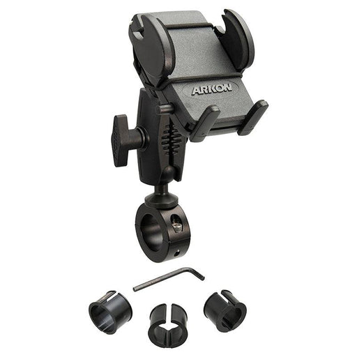 The Mega Grip 25mm Robust Aluminum Motorcycle Handlebar Smartphone Mount features an adjustable clamp, three circular adapters, and a hex key for secure attachment to bike or motorcycle handlebars.