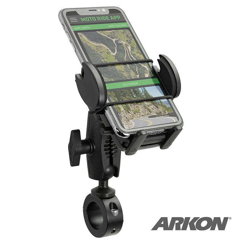 A smartphone on the Mega Grip 25mm Robust Aluminum Motorcycle Handlebar Smartphone Mount displays a navigation map. The black holder, with ARKON logo at bottom right, fits both motorcycles and bicycles.
