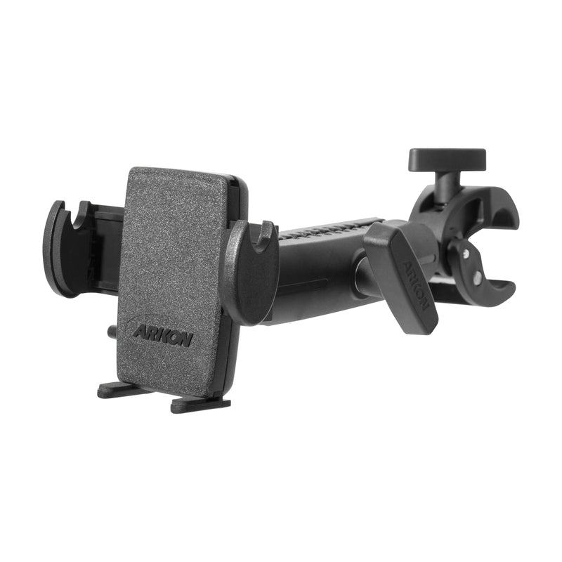 The Mega Grip RoadVise® Clamp Mount with 5.75 Arm is a black, Arkon-branded universal phone holder featuring a clamp mount and rotating arm, designed to securely hold devices on surfaces like car headrests.