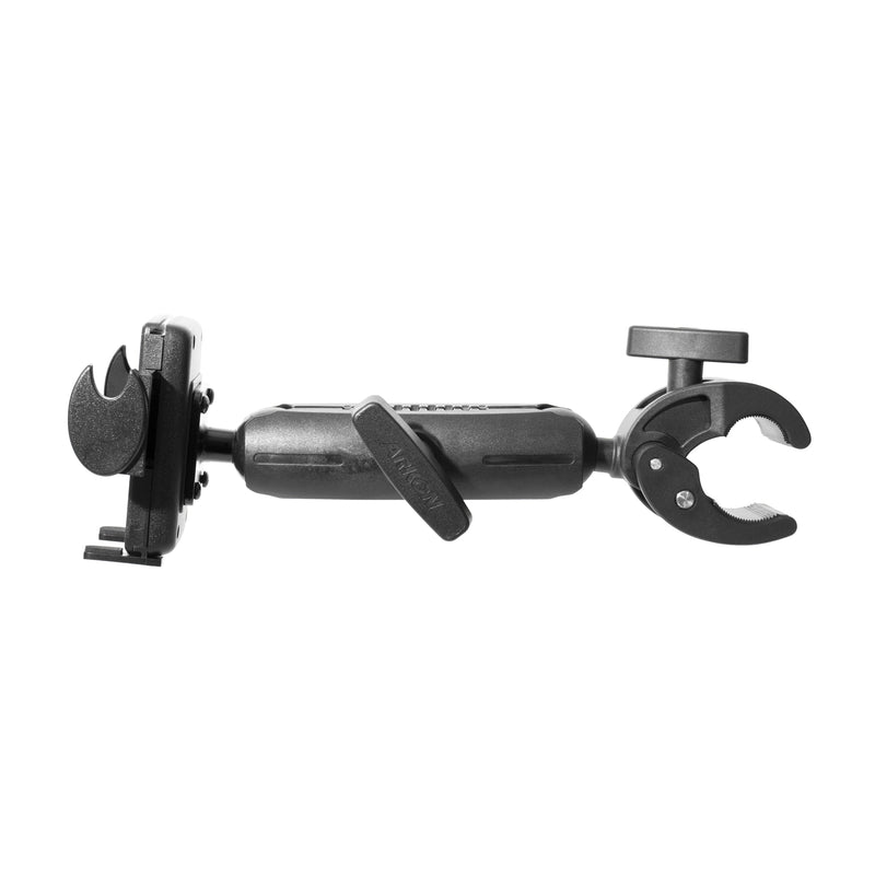 The Mega Grip RoadVise® Clamp Mount with 5.75 Arm is a black adjustable mount featuring a central rotating arm and dual clamps, designed as a universal phone holder for securely gripping devices or cameras.