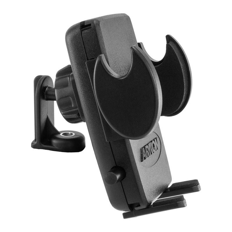 The Mega Grip Tripod Adapter with Phone Holder for Apple iPhone and Samsung Galaxy securely holds your mobile device in place with adjustable arms and a black plastic wall-mount bracket.
