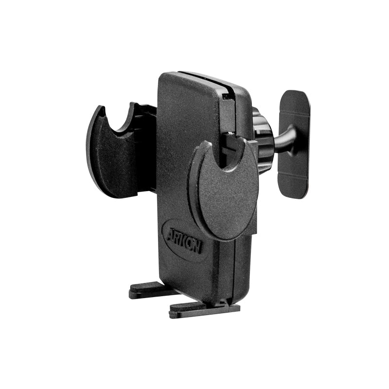 The Mega Grip™ Car Phone Holder with Adhesive Mount securely holds your iPhone, Galaxy, or Note for hands-free calls while driving. Features adjustable grips and a black plastic design.