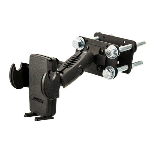 The Mega Grip™ Forklift Front Guard Mount features a black adjustable clamp and bolts, providing a secure hold for smartphones or GPS units—perfect as a rugged phone mount for tough warehouse environments.