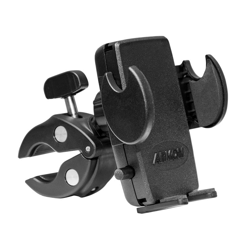 The Mega Grip™ Phone Holder with Clamp Mount is a black adjustable mount featuring padded grips and a tightening screw, designed for secure attachment to handlebars or poles—ideal for keeping your phone safe and accessible.