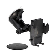 The Mega Grip™ Windshield Phone Mount is a black dash phone holder with an adjustable suction mount and padded grip arms, shown beside a round adhesive dashboard pad for hands-free use in vehicles.