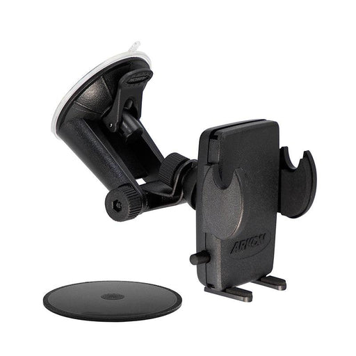 The Mega Grip™ Windshield Phone Mount is a black dash phone holder with an adjustable suction mount and padded grip arms, shown beside a round adhesive dashboard pad for hands-free use in vehicles.