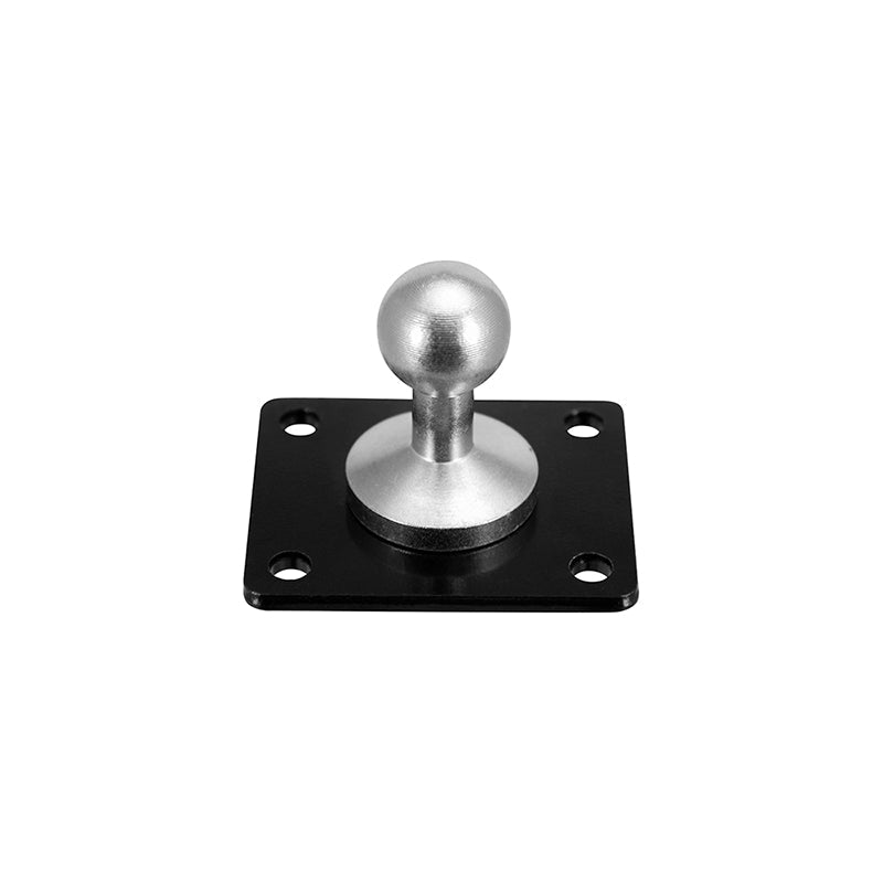 The Metal 4-Hole AMPS to 17mm Ball Adapter features a sturdy metal ball mount on a black square base with four screw holes, ideal for securely mounting or holding devices.