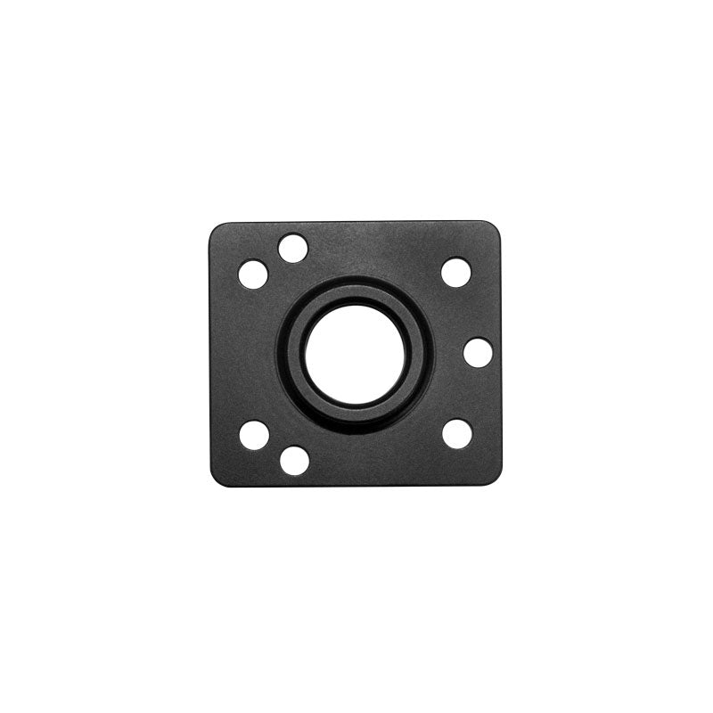 The Metal 4-Hole AMPS to Zirkona MAX3 Female Thread Adapter is a durable black, square plate with the NEC Triangle Hole Pattern, offering a robust commercial mounting solution and serving as an ideal AMPS drill-base adapter.