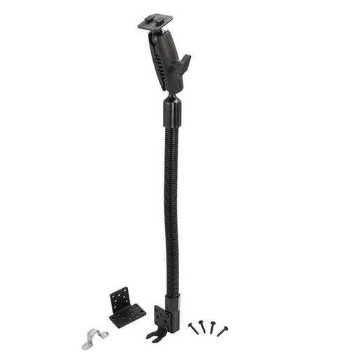 A Metal Car or Truck Seat Rail or Floor Mount - Dual-T Compatible, featuring a black adjustable bracket with a flexible gooseneck arm, square base plate, mounting hardware, and screws—shown on a white background.