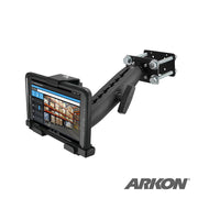 The LockVise™ Metal Locking Front Guard Tablet Mount with 8.5 Metal Robust™ Shaft is a black adjustable mount with a sturdy arm and clamp holding a calendar-view tablet—ideal as a warehouse holder, featuring the ARKON logo bottom right.