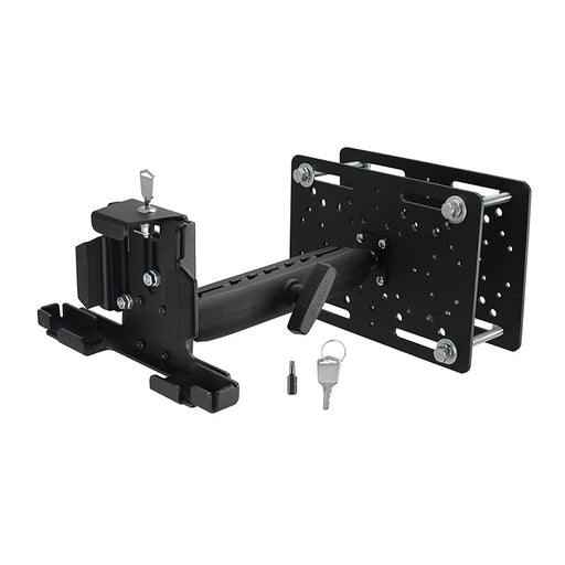 The LockVise™ Metal Locking Overhead Guard Tablet Mount with 8.5 Metal Robust™ Shaft, featuring a secure locking mechanism, two keys, and mounting hardware, is shown on a white background.