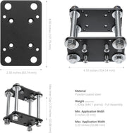 LockVise™ Metal Locking Forklift Front Guard Tablet Mount with 3.75 shaft, powder-coated steel plate (4 x 2.5 in.), bracket width 4.1 in., max inner gap 2.2 in., weighs 1.42 lbs; bolts included; shown from multiple angles with labeled dimensions.