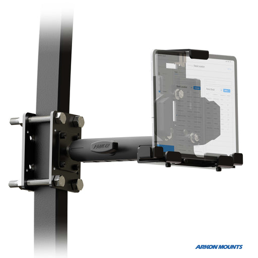 The LockVise™ Metal Locking Forklift Front Guard Tablet Mount with 3.75 Shaft secures a tablet on an adjustable arm attached to a vertical pole. The screen shows a software interface with the Arkon Mounts logo in the bottom right corner.
