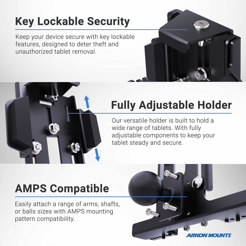 The LockVise™ Metal Locking Forklift Front Guard Tablet Mount with 3.75 Shaft features a secure metal locking holder, full adjustability for various tablet sizes, and AMPS compatibility—perfect for warehouse or forklift use.