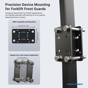 The LockVise™ Metal Locking Forklift Front Guard Tablet Mount with 5 Metal Robust™ Shaft securely attaches to forklift front guards, offering a durable, adaptable solution for installing tablets in warehouse environments.