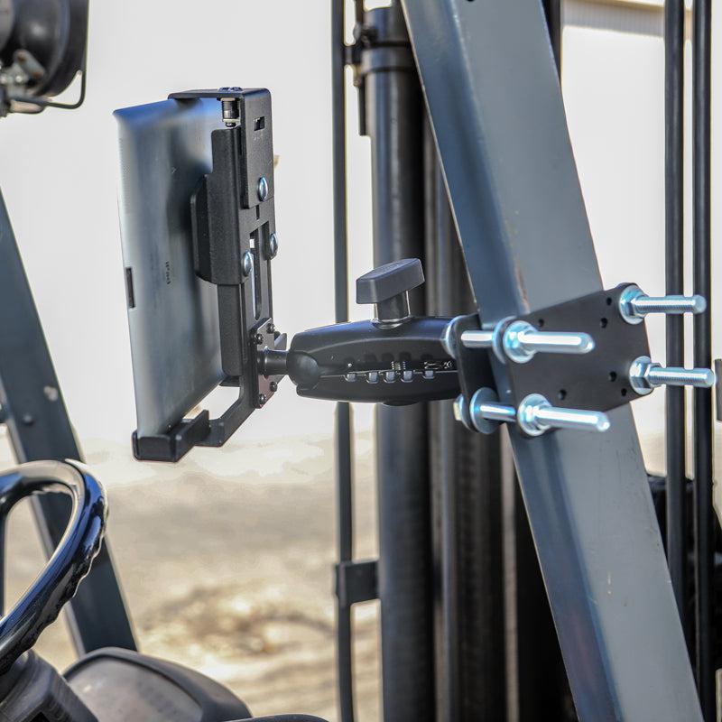 The LockVise™ Metal Locking Forklift Front Guard Tablet Mount with 5 Metal Robust™ Shaft securely mounts a tablet to a forklift frame near the steering wheel, using multiple bolts and an adjustable arm for added convenience.