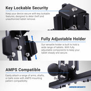 An infographic for Arkon Mounts showcases the LockVise™ Metal Locking Tablet Mount with Drill Base and 5 Metal Shaft, featuring rugged aluminum construction, key lock security, full adjustability, AMPS compatibility, and robust design for forklifts.