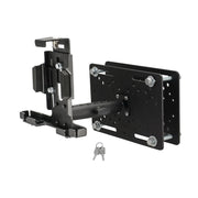The LockVise™ Metal Locking Forklift Overhead Guard Tablet Mount with 6 shaft securely holds devices in warehouses; includes an adjustable wall bracket and two keys placed in front of the mount.