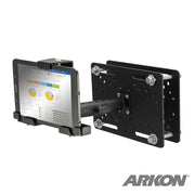 The LockVise™ Metal Locking Forklift Overhead Guard Tablet Mount with 6 Shaft securely holds a tablet showing charts and graphs, with the ARKON logo visible. Perfect for warehouses or industrial forklift use.