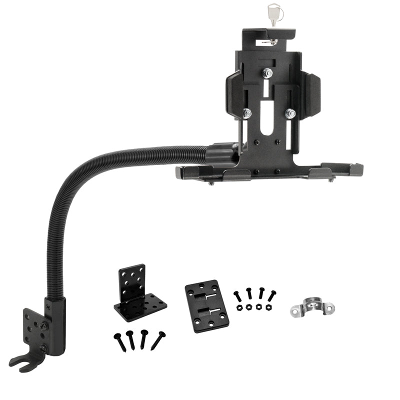 The LockVise™ Metal Locking Seat Rail Tablet Mount with 22 aluminum gooseneck features a black adjustable holder, flexible arm, screws, brackets, and mounting hardware—perfect for secure in-vehicle tablet mounting.