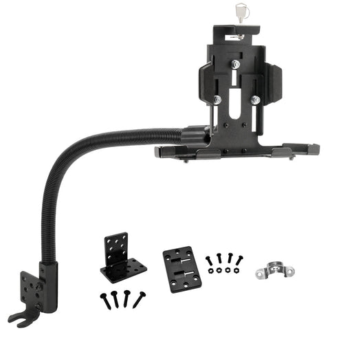 The LockVise™ Metal Locking Seat Rail Tablet Mount with 22 aluminum gooseneck features a black adjustable holder, flexible arm, screws, brackets, and mounting hardware—perfect for secure in-vehicle tablet mounting.