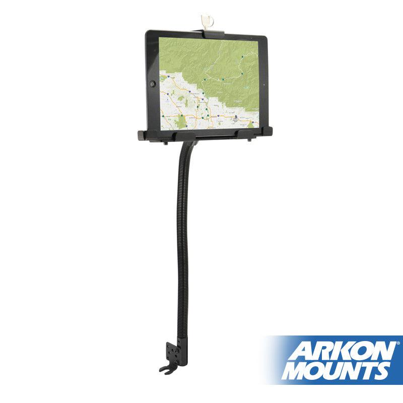 The LockVise™ Metal Locking Seat Rail Tablet Mount with 22 Aluminum Gooseneck securely holds a tablet showing a map. The mount attaches at the seat rail, and the Arkon Mounts logo is visible in the lower right corner.