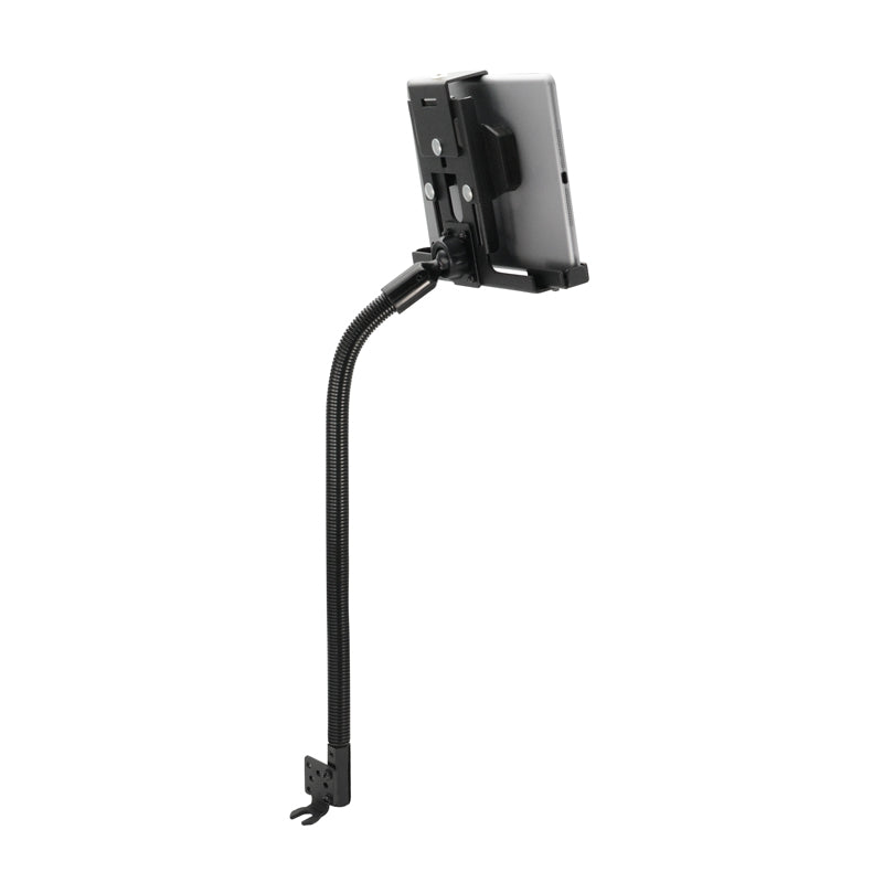 The LockVise™ Metal Locking Seat Rail Tablet Mount with 22 aluminum gooseneck securely holds your tablet in place with an adjustable locking holder and flexible arm.