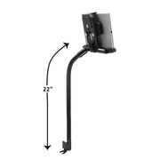 The LockVise™ Metal Locking Seat Rail Tablet Mount features a 22 aluminum gooseneck, secure clamp base, and adjustable design—shown holding a tablet upright with a labeled 22 arm. Perfect for hands-free use as a vehicle tablet mount.