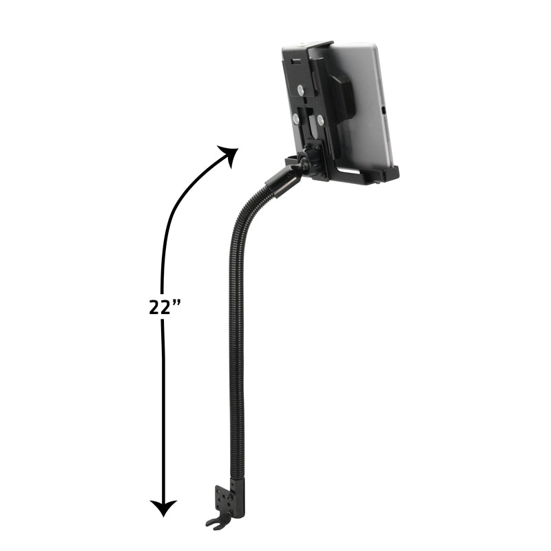 The LockVise™ Metal Locking Seat Rail Tablet Mount features a 22 aluminum gooseneck, secure clamp base, and adjustable design—shown holding a tablet upright with a labeled 22 arm. Perfect for hands-free use as a vehicle tablet mount.