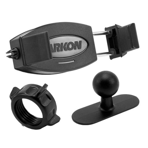 The Mobile Grip 2 Adhesive Phone Car Mount fits iPhone, Galaxy, Note, and more. It features a spring-loaded clip, threaded locking ring, and ball-and-socket base for adjustable positioning in your car.