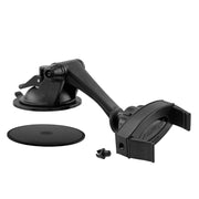 The Mobile Grip 2 Phone Car Mount with Sticky Suction features an adjustable black design, suction cup base, adhesive mounting pad, and small screw—ideal for use as a car or windshield phone holder. Shown on a white background.