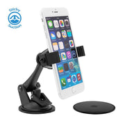 A smartphone is mounted on the black Mobile Grip 2 Phone Car Mount with Sticky Suction and suction base, shown next to a circular adhesive pad, with the Sticky Suction logo in the top left corner.