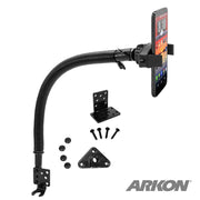 The ARKON Mobile Grip 2 Seat Rail or Floor Car Mount securely holds iPhone, Galaxy, Note, and more with a flexible gooseneck and includes mounting brackets, screws, and hardware. The ARKON logo is visible in the bottom right corner.