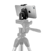 The Mobile Grip 2 Tripod Adapter with Phone Holder secures a smartphone horizontally on a tripod, with the tripod partially faded to emphasize the phone holder.