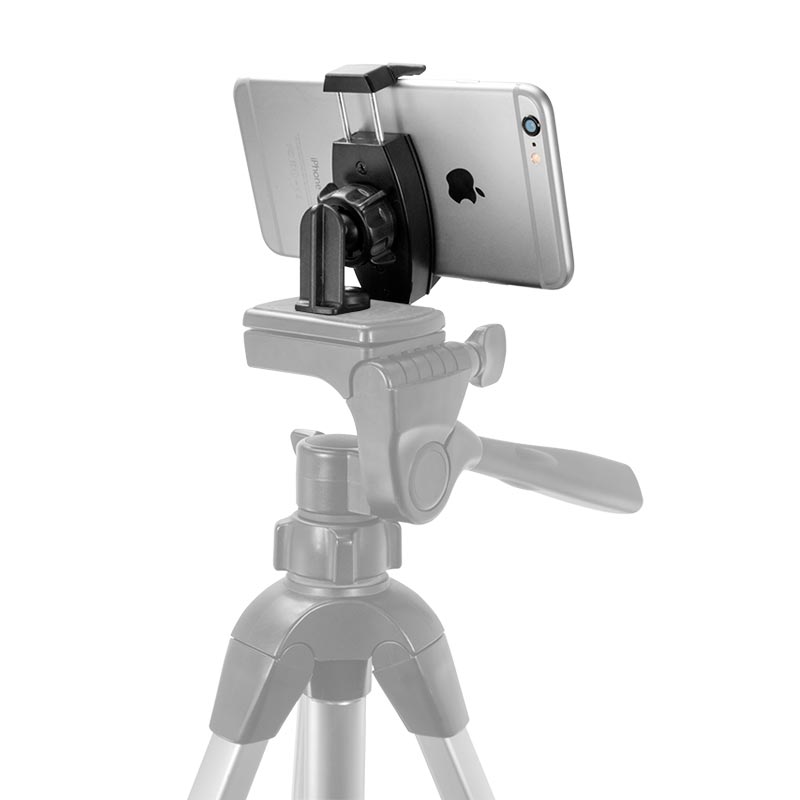 The Mobile Grip 2 Tripod Adapter with Phone Holder secures a smartphone horizontally on a tripod, with the tripod partially faded to emphasize the phone holder.