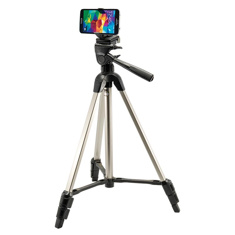 The Mobile Grip 2 Tripod Adapter with Phone Holder secures a smartphone on a black and silver tripod with extended legs and an adjustable handle, all set against a plain white background.