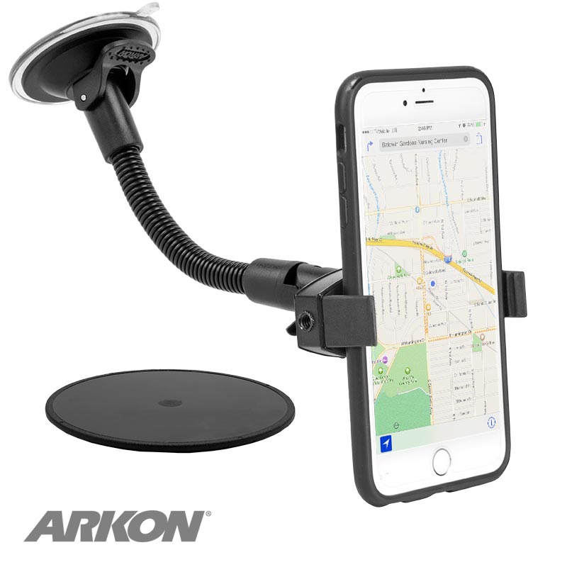 A black Mobile Grip 2 Windshield Suction Car Mount with 8.5 arm secures a smartphone displaying a map. The universal holder includes a round pad and features the ARKON logo in the bottom left corner. Compatible with iPhone, Galaxy, Note, and more.