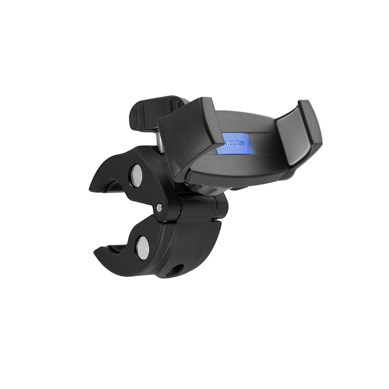 The Mobile Grip 5 Phone Holder with Clamp Mount features black rubber grips and securely attaches to handlebars, exercise equipment, or similar cylindrical objects; shown isolated on a white background.