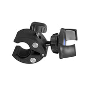 The Mobile Grip 5 Phone Holder with Clamp Mount is a black adjustable mount featuring a knob and rubber grips, ideal for securely attaching your phone to handlebars, poles, or exercise equipment. Displayed against a white background.